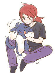  1boy afterimage animal black_shirt black_socks chueog closed_mouth commentary_request drying_animal holding holding_animal holding_towel korean_commentary long_hair looking_down male_focus pants pokemon pokemon_heartgold_and_soulsilver purple_pants red_hair shirt short_sleeves silver_(pokemon) sitting socks spread_legs t-shirt tail tail_wagging towel 