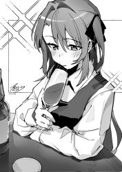  1girl alcohol blush closed_mouth collared_shirt commentary dated drink greyscale hair_intakes hair_ribbon highres holding holding_drink hongziyuan6 kamiina_botan kamiina_botan_yoeru_sugata_wa_yuri_no_hana monochrome ribbon shirt signature solo sparkle two_side_up upper_body 