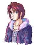  1boy blue_eyes blue_pupils brown_hair closed_mouth collarbone earrings final_fantasy final_fantasy_viii frown fur_collar grey_shirt hair_intakes highres jacket jewelry looking_at_viewer male_focus necklace open_clothes open_jacket purple_jacket scar scar_on_face shirt short_hair simple_background solo squall_leonhart upper_body v-neck white_background zawabug 