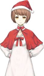  1girl annoyed bob_cut breasts brown_eyes brown_hair capelet collarbone collared_capelet dress fur-trimmed_headwear fur_trim game_asset hands_on_own_hips hat high_collar huke long_sleeves looking_at_viewer nakase_katsumi official_art pout red_capelet red_hat santa_costume santa_dress santa_hat science_adventure short_hair small_breasts solo steins;gate steins;gate_0 tachi-e tomboy transparent_background white_dress 