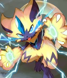  1other :p animal_ears black_fur blue_eyes blue_fur cat_ears claw_pose claws commentary_request electricity fang full_body furry grey_background looking_at_viewer multicolored_fur other_focus pawpads pokemon pokemon_(creature) simple_background solo standing tongue tongue_out two-tone_fur whiskers yellow_fur yoshiya_(ina_ba_ya) zeraora 