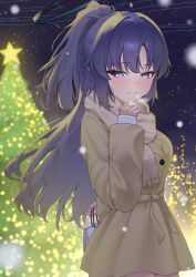 1girl absurdres adjusting_scarf arm_behind_back bag bag_behind_back blue_archive blurry blurry_foreground brown_coat brown_scarf christmas christmas_star christmas_tree closed_mouth coat commentary_request cowboy_shot gift_bag half_updo highres lilith_painting long_hair night outdoors purple_hair ring_of_light_(blue_archive) scarf sleeves_past_wrists smile snowing solo tree violet_eyes white_bag winter_clothes yuuka_(blue_archive) 