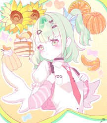  1girl :t absurdres arm_warmers bag bandaid bandaid_hair_ornament bangyong black_choker blush bow choker closed_mouth commentary english_commentary flower food fruit green_eyes green_hair hair_ornament heart heart_hair_ornament highres looking_at_viewer mandarin_orange multiple_hair_clips necktie pink_arm_warmers pink_bag pink_bow pout red_necktie shirt solo sparkle striped_arm_warmers sunflower sunna_(zenless_zone_zero) upper_body v-shaped_eyebrows white_shirt white_wings winged_bag wings yellow_background zenless_zone_zero 