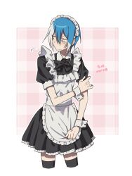  1boy adjusting_clothes alternate_costume apron arm_across_waist bare_arms black_bow black_bowtie black_dress black_thighhighs blue_hair blush border bow bowtie buttons closed_mouth collared_dress colored_tips commentary_request constricted_pupils contrast_collar cropped_legs crossdressing crossdressing_(mtf) dated double-parted_bangs dress enmaided frilled_apron frilled_dress frills frown hair_between_eyes hand_on_own_arm jitome korean_commentary maid maid_apron maid_headdress male_focus matsudappoiyo multicolored_hair nupi_000 outline outside_border pale_skin puffy_short_sleeves puffy_sleeves red_eyes short_dress short_hair short_sleeves sidelocks skinny solo standing thigh-highs translation_request turning_head two-tone_hair utau v-shaped_eyebrows white_apron white_border white_hair white_outline wristband zettai_ryouiki 