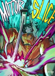  1girl aqua_hair armpits arms_up bare_arms battle blue_background breasts chainsword commentary copyright_name english_commentary feet_out_of_frame gloves green_eyes haze highres holding holding_sword holding_weapon jumpsuit large_breasts lips motor_oil motorslice multiple_moles nose orange_jumpsuit p_(motorslice) parted_lips potassiumhere robot serious short_hair signature sleeveless_jumpsuit solo spread_legs stab sword tomboy turtleneck_jumpsuit vertical-striped_jumpsuit weapon 