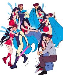  1boy 1girl alilyushka black_hair blue_cape blue_hair blunt_bangs boots cape closed_eyes commentary denim fairy_wings full_body highres holding holding_hands holding_sword holding_weapon hug jeans kiss locked_arms multiple_views musa_(winx_club) pants ponytail red_boots red_lips red_skirt riven_(winx_club) short_hair sitting skirt smile sparkle sword weapon wings winx_club 