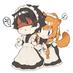  1boy 1girl :3 animal_ears apron black_dress black_hair brown_hair chibi closed_mouth commentary_request crossdressing crossdressing_(mtf) dress enmaided frilled_dress frills full_body gloom_(expression) hair_tubes iwatani_naofumi leaning_forward long_dress long_hair looking_at_another maid maid_apron maid_headdress messy_hair metal_hair_tubes musical_note no_eyes open_mouth raccoon_ears raccoon_girl raccoon_tail raphtalia shaded_face short_hair shunrai simple_background smile solid_oval_eyes speech_bubble spoken_musical_note straight_hair sweatdrop sweating_speech_bubble tail tate_no_yuusha_no_nariagari translation_request triangle_mouth two-tone_dress v-shaped_eyebrows waist_apron white_apron white_background white_dress 