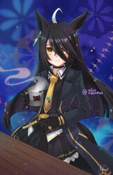  1girl ahoge animal_ears black_choker black_coat black_gloves black_hair black_shirt black_skirt blush choker closed_mouth coat coffee coffee_mug collared_shirt commentary cup ear_tag earrings english_commentary gloves hair_between_eyes holding holding_cup horse_ears horse_girl horse_tail jewelry long_hair long_hair_between_eyes long_sleeves manhattan_cafe_(creeping_shadow)_(umamusume) manhattan_cafe_(umamusume) mug multicolored_hair necktie nekoponart shirt single_earring skirt smile solo steaming_cup tail textless_version umamusume white_hair yellow_eyes yellow_necktie 