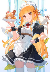  1girl ahoge apron black_dress black_wrist_cuffs blonde_hair bow bowtie breasts character_request cho_kaguya-hime! choppy_bangs closed_mouth commentary_request cup dress food frilled_apron frilled_dress frills hair_ribbon hand_on_own_hip heanna highres holding holding_plate ice ice_cube long_hair looking_at_viewer maid maid_apron maid_headdress pancake pancake_stack plate puffy_short_sleeves puffy_sleeves red_bow red_bowtie red_eyes red_ribbon ribbon short_dress short_sleeves small_breasts smile solo teacup thigh-highs very_long_hair white_apron white_thighhighs wrist_cuffs 