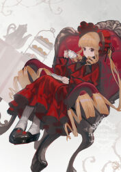  1girl accurate_lolita_coord armchair biscuit_(bread) black_bow black_bowtie black_shoes blonde_hair blue_eyes blunt_bangs blush bonnet bow bowtie capelet chair closed_mouth commentary_request cup dot_mouth dress drill_hair drill_sidelocks dutch_angle flower footwear_flower frilled_dress frills hemorina highres holding holding_cup holding_saucer lolita_fashion long_hair long_sleeves looking_at_viewer on_chair pantyhose red_bonnet red_capelet red_dress rozen_maiden saucer shinku shoes sidelocks sitting solo tea teacup teapot twin_drills twintails watermark white_background white_pantyhose 