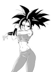  1girl absurdres arm_across_chest black_hair breasts closed_mouth commentary cowboy_shot crop_top dragon_ball dragon_ball_super earrings english_commentary greyscale half-closed_eyes halftone highres jewelry kefla_(dragon_ball) long_hair looking_at_viewer medium_breasts midriff monochrome navel pants potara_earrings roub3d screentones signature simple_background sleeveless solo spiky_hair stretching white_background 