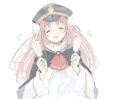  ! !! 1girl black_capelet black_hat capelet closed_eyes commentary_request double_bun floating_hair food hair_bun hat heaven_burns_red holding holding_food holding_ice_cream ice_cream kunimi_tama long_hair open_mouth pink_hair simple_background zaki_(negitorooic) 