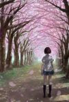  1girl black_socks brown_footwear brown_hair cherry_blossoms facing_away falling_petals kneehighs miniskirt original outdoors path petals pleated_skirt school_uniform shirt short_hair skirt socks solo spring_(season) tree white_shirt yamamoto_suzume 