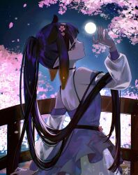  1girl absurdres ani_019 blunt_bangs cherry_blossoms commentary detached_sleeves dress english_commentary floral_print floral_print_dress flower full_moon gradient_hair hair_flower hair_ornament hand_up highres hololive hololive_english layered_dress long_hair long_sleeves mole mole_under_eye moon multicolored_hair night ninomae_ina'nis official_alternate_costume orange_hair outdoors parted_lips petals pointy_ears ponytail print_dress puffy_long_sleeves puffy_sleeves purple_dress purple_hair sidelocks sleeveless sleeveless_dress solo straight_hair tentacle_hair very_long_hair virtual_youtuber 