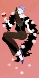  1boy adjusting_clothes adjusting_feather_boa alcohol androgynous animal_on_shoulder aro9mag bags_under_eyes black_feather_boa black_shirt blue_shoes brown_background brown_pants cat cat_on_shoulder closed_eyes collarbone colored_skin cup drinking_glass earrings feather_boa flower full_body gatchaman_crowds green_lips hand_up high_heels highres holding holding_cup invisible_chair jewelry lipstick makeup male_focus necklace o.d. pants pearl_necklace pink_flower pink_rose purple_hair rose shirt shoes short_eyebrows sidelocks sitting sleeveless sleeveless_shirt solo strappy_heels white_skin wine wine_glass 