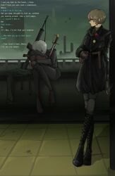  2girls against_wall aircraft badge black_boots blood blood_on_hands blood_on_weapon bob_cut boots brown_hair building button_badge central_intelligence_agency cigarette cityscape coat commentary covering_face crossed_legs cyborg endzustand english_text glasses green_sweater green_theme head_down helicopter highres holding holding_cigarette hugging_object knee_boots knee_pads knees_up lace-up_boots leaning_to_the_side long_legs looking_at_another marie_(peripeteia) mask mask_around_neck mechanical_arms mechanical_foot mechanical_legs multiple_girls nose outdoors peripeteia respirator ruins saber_(weapon) sad scar scar_on_face scar_on_neck short_hair sitting skyscraper smiley_face smog sweater sweater_under_coat sword talking tile_floor tiles tito_(peripeteia) trench_coat turning_head turtleneck unworn_coat waiting weapon white_hair 