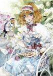  1girl 2girls acrylic_paint_(medium) alice_margatroid blonde_hair blue_dress blue_eyes book bow capelet chair colored_pencil_(medium) cup dress flower frills hairband lolita_hairband long_hair looking_at_viewer multiple_girls open_book painting_(medium) pink_flower pouring red_bow red_hairband red_nails ribbon shanghai_doll short_hair sitting smile table tablecloth teacup teapot touhou traditional_media watercolor_(medium) white_capelet white_flower yotsuba0401 