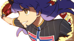  1boy black_shirt blurry bright_pupils cape champion_uniform_(pokemon) chromatic_aberration chueog commentary_request depth_of_field dynamax_band facial_hair floating_hair gloves grin highres holding holding_unworn_cape holding_unworn_clothes korean_commentary leon_(pokemon) long_hair male_focus partially_fingerless_gloves pokemon pokemon_sword_and_shield print_shirt shirt short_sleeves simple_background smile solo teeth unworn_cape white_background white_pupils yellow_eyes 