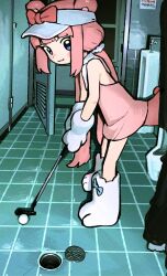  1girl :3 animal_hands bare_shoulders bathroom blue_eyes blush_stickers commentary_request dress gloves golf_club highres indoors long_hair original paw_gloves paw_shoes paw_socks pink_dress pink_hair ponytail sign solo syakunetuu tail urinal very_long_hair visor_cap 