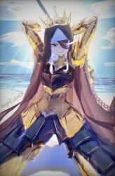  1girl armor arms_behind_head beach crown eughfish eyepatch flail gauntlets general_geega general_geega_(templar) gold_armor gold_crown grey_hair highres indie_virtual_youtuber knight leg_armor long_hair looking_at_viewer red_eyes virtual_youtuber water weapon 