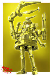  1girl android armor armored_dress artist_name border closed_eyes crazygon dress extra_arms full_body helmet highres joints looking_at_viewer orange_eyes orange_hair outside_border personification pincers radio_antenna robot_joints short_hair smile solo standing taiga_hiroyuki ultra_kaijuu_gijinka_keikaku ultra_series white_border yellow_armor yellow_dress yellow_helmet 
