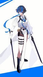  1girl absurdres alternate_costume black_boots black_eyes black_hair black_shorts blue_hair boots commentary_request daffodil_(neverness_to_everness) highres holding holding_sword holding_weapon long_hair looking_at_viewer multicolored_hair nakam1ya neverness_to_everness shirt shorts solo sword thigh_strap two-tone_hair weapon white_shirt 