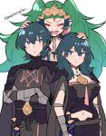  1boy 2girls armor black_armor black_cape black_gloves blue_hair blush byleth_(female)_(fire_emblem) byleth_(fire_emblem) byleth_(male)_(fire_emblem) cape closed_eyes closed_mouth commentary_request crossed_arms dagger do_m_kaeru fire_emblem fire_emblem:_three_houses floating gauntlets gloves green_hair hair_between_eyes hair_ornament hands_on_another&#039;s_head knife long_hair looking_at_viewer multiple_girls navel open_mouth pointy_ears sheath simple_background smile sothis_(fire_emblem) teeth twintails twitter_username upper_teeth_only very_long_hair violet_eyes weapon white_background 