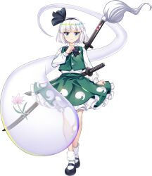  1girl black_bow black_bowtie black_hairband black_shoes blue_eyes bow bowtie collared_shirt flower full_body game_asset green_skirt green_vest grey_hair hairband highres hitodama hitodama_print katana konpaku_youmu konpaku_youmu_(ghost) looking_at_viewer mary_janes official_art pink_flower rotte_(1109) sheath sheathed shirt shoes simple_background skirt skirt_set socks solo sword sword_on_back third-party_source touhou touhou_lostword transparent_background vest weapon weapon_on_back white_shirt white_socks 