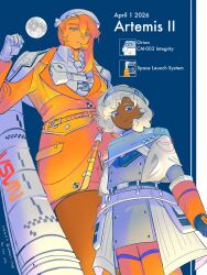  2girls american_flag artemis_program blue_eyes colored_eyelashes colored_skin commentary_request dark_skin dated full_moon gloves highres jacket logo medium_hair moon multiple_girls nasa_logo necktie orange_hair orange_jacket orange_pants orange_skin original orion_(spacecraft) pants personification short_hair signature tall_female very_dark_skin wheel_stop white_gloves white_hair white_necktie 
