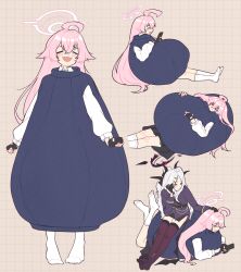  2girls :3 =_= absurdres ahoge bean_bag belt black_gloves black_skirt blue_archive blush_stickers cellphone fang fingerless_gloves gloves grey_hair grid_background headpat highres hina_(blue_archive) holding holding_phone hoshino_(blue_archive) jacket long_hair long_sleeves lying manmaderain multiple_girls multiple_views on_back on_stomach open_mouth phone pink_hair purple_jacket shirt sitting skirt smartphone smile socks solo solo_focus standing thigh-highs white_shirt white_socks 