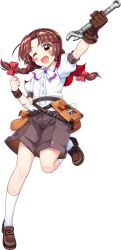  1girl bow braid brown_eyes brown_gloves brown_hair brown_shoes brown_shorts clenched_hands collared_shirt full_body game_asset gloves hair_bow highres kneehighs leg_up loafers long_hair looking_at_viewer official_art open_mouth red_bow rika_(touhou) rotte_(1109) shirt shoes shorts simple_background single_glove smile socks solo third-party_source touhou touhou_(pc-98) touhou_lostword transparent_background twin_braids white_shirt white_socks wrench 