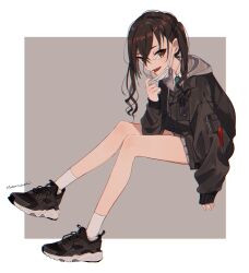  1girl artist_name black_jacket black_shoes brown_eyes brown_hair chromatic_aberration collared_shirt diagonal-striped_clothes diagonal-striped_necktie full_body green_necktie grey_skirt highres idolmaster idolmaster_cinderella_girls invisible_chair jacket long_hair mask mask_pull mole mole_under_eye mouth_mask nanashi_74 necktie open_mouth pleated_skirt sharp_teeth shirt shoes shoulder_pocket simple_background sitting skirt sneakers socks solo striped_clothes striped_necktie sunazuka_akira teeth tongue tongue_out tsurime twintails wavy_ends white_shirt white_socks wing_collar 