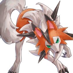  claws commentary_request green_eyes highres i_my_mo55 looking_at_viewer lycanroc lycanroc_(midday) multicolored_fur no_humans orange_fur pokemon pokemon_(creature) rock simple_background solo tail v-shaped_eyes white_fur wolf 