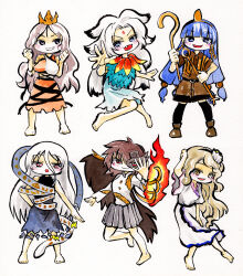  6+girls asymmetrical_wings barefoot black_dress black_hairband black_thighhighs blonde_hair blue_dress blue_eyes blue_hair blush breasts brown_hair brown_mask brown_shirt brown_shorts chirizuka_ubame clenched_hands collared_shirt commentary_request crop_top deformed dress dual_wielding earrings facial_mark fiery_wings forehead_mark fossilized_wonders frilled_sleeves frills full_body gold_headdress gradient_clothes gradient_dress grey_hair grey_skirt grin hair_between_eyes hair_ornament hairband half_mask hand_on_mask headpiece highres holding holding_scepter houjuu_chimi iwanaga_ariya jewelry kabaji key_earrings large_breasts leaf_shirt long_hair long_hair_between_eyes long_sleeves looking_at_viewer mask mask_over_one_eye michigami_nareko multiple_girls open_mouth orange_eyes red_eyes ribbon_around_body scepter shell shell_hair_ornament shirt short_sleeves shorts skeletal_clothes skeletal_wings skirt sleeveless sleeveless_dress smile sphere_hair_ornament stone_skirt thigh-highs toes torn_clothes torn_dress touhou traditional_media turtleneck turtleneck_dress two-tone_tank_top very_long_hair watari_nina white_dress white_shirt wings yuiman_asama 