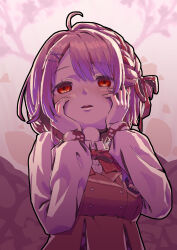  1girl 972577226 absurdres ahoge blush bow bowtie commentary_request dark_background dress hair_ornament hair_ribbon hairclip half-closed_eyes hands_on_own_cheeks hands_on_own_face highres indie_virtual_youtuber kano_(hanayori_jyoshiryou) long_sleeves looking_at_viewer monochrome open_mouth outline pink_background pink_hair puffy_sleeves purple_theme red_bow red_bowtie red_dress red_eyes red_ribbon red_theme ribbon shirt short_hair solo upper_body white_shirt x_hair_ornament yandere 