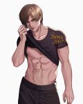  1boy abs artist_name black_pants black_shirt blue_eyes brown_hair clothes_lift curtained_hair highres leon_s._kennedy looking_to_the_side male_focus muscular muscular_male navel nipples pants ranma88hita resident_evil resident_evil_4 resident_evil_4_(remake) shirt shirt_lift short_hair signature simple_background solo standing sweat t-shirt 