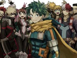  4girls 6+boys ashido_mina asui_tsuyu bakugou_katsuki black_hair blonde_hair blue_eyes blush bn_56s bodysuit boku_no_hero_academia breasts brown_hair burn_scar cape closed_mouth colored_skin commentary_request eye_mask facial_hair freckles frog_girl glasses green_eyes green_hair grey_eyes hagakure_toru hand_on_own_hip heterochromia highres kirishima_eijiro knee_pads light_blush looking_at_viewer mask medium_breasts midoriya_izuku multicolored_hair multiple_boys multiple_girls open_mouth pink_skin rectangular_eyewear red_eyes red_hair scar scar_on_face sero_hanta sharp_teeth short_hair simple_background smile spiky_hair split-color_hair standing stubble superhero_costume teeth todoroki_shoto two-tone_hair uraraka_ochaco v white_background white_hair yagi_toshinori yellow_cape 