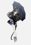  1girl animal_ear_fluff animal_ears black_dress black_hair black_nails bobby_socks cat_ears cat_girl cat_tail commentary_request dress finger_to_mouth floral_print full_body grey_eyes grey_socks holding holding_umbrella legs_together long_hair long_sleeves looking_at_viewer nail_polish nekosuke_(oxo) original pinky_out print_dress puffy_long_sleeves puffy_sleeves shoes short_dress simple_background socks solo standing tail umbrella white_background white_footwear 