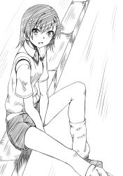  1girl absurdres blush flower gari88625884 greyscale hair_flower hair_ornament highres looking_at_viewer loose_socks misaka_mikoto monochrome open_mouth school_uniform shirt short_sleeves shorts sitting socks solo summer_uniform sweater_vest toaru_majutsu_no_index tokiwadai_school_uniform 