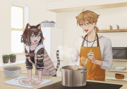  1boy 1girl :d ahoge animal_ear_fluff animal_ears apron aqua_eyes artist_collaboration blush bowl brown_eyes brown_hair brown_jacket brown_tail cat_ears cat_girl cat_tail commentary_request cooking cooking_pot curry cutting_board da_e_n dough drooling fish_hair_ornament food fumino_tamaki fumino_tamaki_(1st_costume) fushimi_gaku hair_ornament highres holding holding_ladle hungry iemi indoors jacket kitchen kneading_dough ladle looking_to_the_side medium_hair mole mole_under_eye nijisanji open_mouth orange_apron plant ponytail potted_plant shirt short_ponytail sign sign_around_neck sleeves_rolled_up slice_of_life smile steaming_food striped_clothes striped_jacket striped_tail t-shirt tail three-quarter_sleeves virtual_youtuber white_shirt 