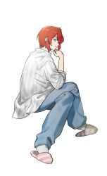 1girl ange_katrina blue_pants closed_mouth commentary elbow_rest from_side full_body hair_intakes hair_ornament hairpin hanamanhajianum hand_on_own_chin highres invisible_chair long_bangs looking_at_viewer looking_to_the_side multiple_hairpins nijisanji official_alternate_costume pants pink_slippers profile red_hair shirt short_hair simple_background sitting sleeves_rolled_up slippers smile socks solo striped_clothes striped_footwear striped_shirt untranslatable_commentary vertical-striped_clothes vertical-striped_shirt violet_eyes virtual_youtuber white_background white_shirt white_socks 