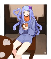  1girl blue_dress blue_hair blush border bright_pupils brown_eyes cable_knit chair commentary commission cup dated dress english_commentary eyelashes hair_ornament highres holding holding_cup indoors kart_prowler long_hair long_sleeves mug open_mouth orange_scarf original scarf signature sitting smile solo sweater sweater_dress table teeth tentacle_hair upper_teeth_only white_border white_pupils 