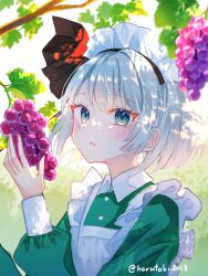  1girl alternate_costume apron blush commentary_request dress enmaided food fruit grape_vine grapes green_dress green_eyes grey_hair highres konpaku_youmu long_sleeves looking_at_viewer maid maid_apron maid_headdress miyakure outdoors short_hair solo touhou twitter_username white_apron 