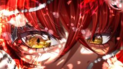 1girl close-up commentary english_commentary eye_focus hair_between_eyes highres indie_virtual_youtuber red_hair rinatelierrin solo virtual_youtuber yellow_eyes zentreya 