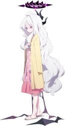  1girl adjusting_clothes ahoge arm_at_side averting_eyes black_horns blue_archive closed_mouth coat coat_on_shoulders demon_girl demon_wings doremi_(doremi4704) exhausted from_side full_body game_asset grey_slippers hair_between_eyes half-closed_eyes halo hand_up heel_up highres hina_(blue_archive) horns large_variant_set long_hair long_sleeves looking_down multiple_horns nightgown official_art pale_skin pink_nightgown polka_dot_nightgown purple_halo purple_wings raised_eyebrows sad sidelocks simple_background slippers solo standing tachi-e third-party_source transparent_background variant_set very_long_hair violet_eyes white_hair wings yellow_coat 