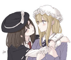  2girls arms_around_neck black_capelet black_hat black_ribbon blonde_hair blush bow brown_eyes brown_hair buttons capelet closed_mouth collared_dress collared_shirt contrast_collar dress hair_between_eyes hands_on_another's_arm hat hat_bow highres hug kashiwada_kiiho long_hair long_sleeves maribel_hearn medium_hair mob_cap multiple_girls neck_ribbon necktie open_mouth purple_dress red_necktie ribbon ribbon-trimmed_capelet ribbon_trim shirt sidelocks signature simple_background touhou usami_renko violet_eyes white_background white_bow white_hat white_shirt yuri 