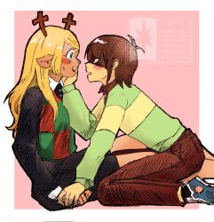  1girl 1other animal_ears antlers black_shirt black_skirt blonde_hair blue_eyes blush brown_hair brown_pants checkered_clothes checkered_vest colored_skin commentary_request deer_antlers deer_ears deer_girl deltarune furry furry_female green_sweater highres holding_hands horns kris_(deltarune) long_hair noelle_holiday other_with_female pants pink_background shirt short_hair single_horizontal_stripe sitting skirt striped_clothes striped_sweater sweater utdr_(toby_fox) vest watermark yanosui yellow_skin 