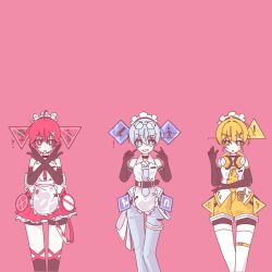  ! ... 3girls ? ahoge akita_neru apron arm_across_waist arrow_(symbol) bare_shoulders barser belt belt_buckle bike_shorts black_belt black_choker black_gloves black_socks blue_eyes blue_hair blue_necktie blue_pantyhose blue_shirt blush bow buckle choker collar collared_shirt commentary cropped_legs dress elbow_gloves english_commentary eyewear_on_head finger_to_face frilled_apron frilled_dress frills gloves hair_between_eyes hatsune_miku headdress headphones headphones_around_neck highres kasane_teto kneehighs looking_at_viewer medium_hair multiple_girls necktie no_entry_sign no_pedestrian_crossing_sign one_way_sign open_mouth pantyhose pedestrian_crossing_sign pink_background pinstripe_hat pinstripe_pattern pinstripe_shirt red_eyes red_hair red_trim road_sign round_eyewear shirt short_hair shorts sign simple_background sleeveless sleeveless_shirt smile socks thigh-highs thigh_strap u-turn_sign utau vocaloid waist_apron walkie-talkie warning_sign white_bow white_shirt white_thighhighs x_arms yellow_eyes yellow_necktie yellow_shorts yellow_trim 