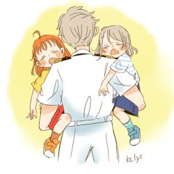  1boy 2girls ahoge aqua_socks blue_shirt blue_shoes blush carrying child_carry children's_day commentary_request from_behind grey_hair kase_(ks_lys) kodomo_no_hi love_live! love_live!_sunshine!! medium_hair multiple_girls open_mouth orange_hair orange_shoes pants red_socks shirt shoes short_hair simple_background socks striped_clothes striped_shirt takami_chika twitter_username watanabe_you watanabe_you's_father white_pants white_shirt yellow_background yellow_shirt 
