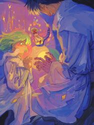  1boy 1girl age_difference black_hair blonde_hair brushbuddy casting_spell child coco_(tongari_boushi_no_atelier) commentary creature english_commentary fingernails green_eyes happy highres olruggio_(tongari_boushi_no_atelier) pawschamp tongari_boushi_no_atelier tunic 